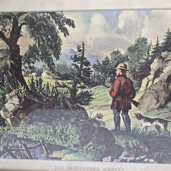 THE BEWILDERED HUNTER by Currier & Ives Framed Art Print Hunting Dog/ Man / Dee - Picture 1 of 7